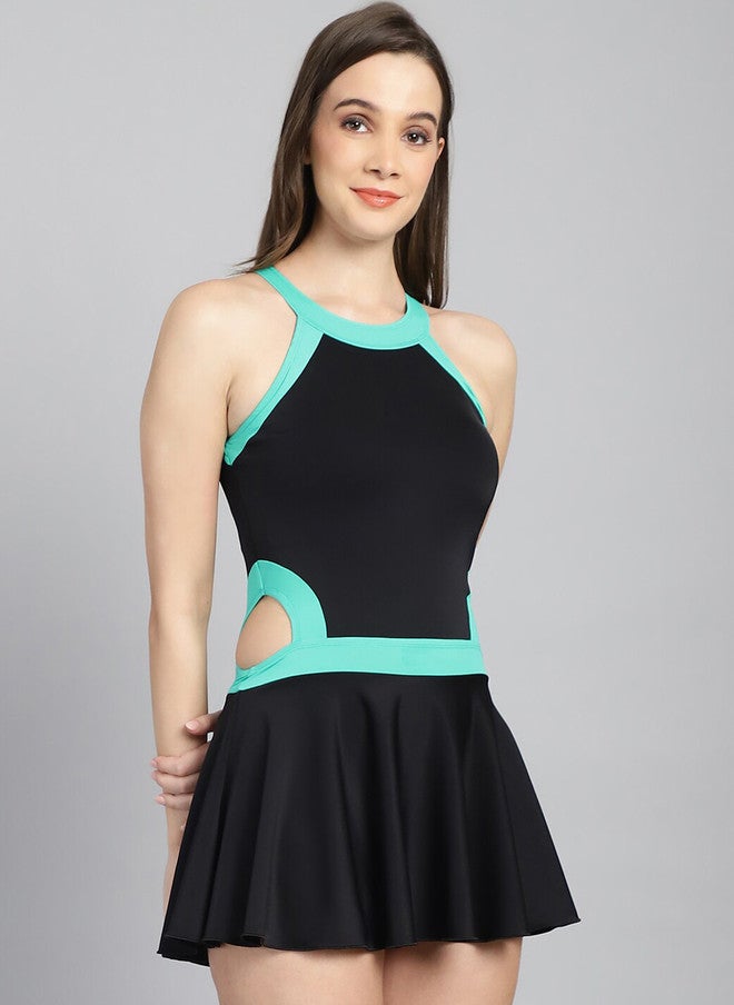 CUKOO Round Neck Black Solid Swimming Dress with Attached Skirt - Image 5